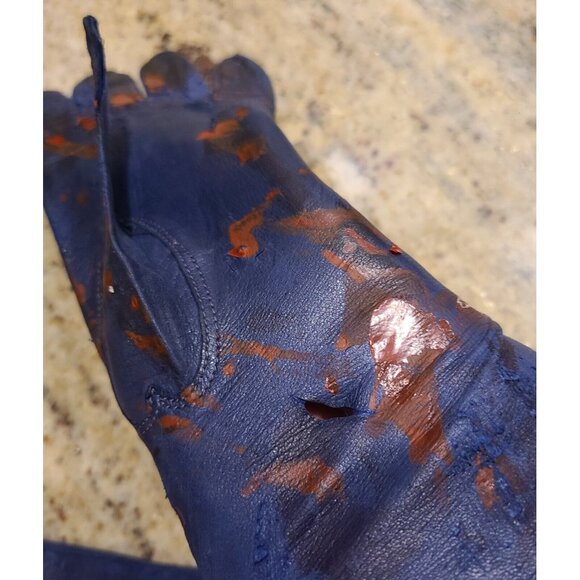 Vintage Size S Blue Leather Long Gloves Slashed Fake Bloody Slashed Zombie War - Picture 10 of 16